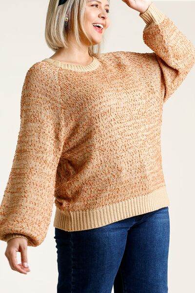 Umgee Ribbed Hem Round Neck Long Sleeve Popcorn Sweater Plus Size - us.meeeshop