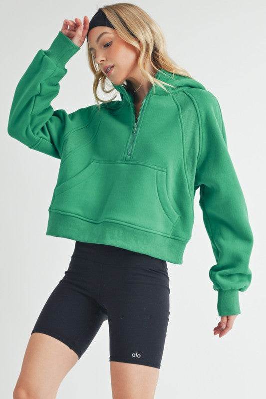 Aemi + Co Half Zip Raglan Sleeve Hoodie with Kangaroo Pocket in Lily Pad - us.meeeshop