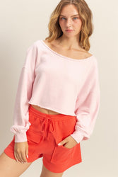 HYFVE Frayed Detail Boat Neck Long Sleeve Crop Top