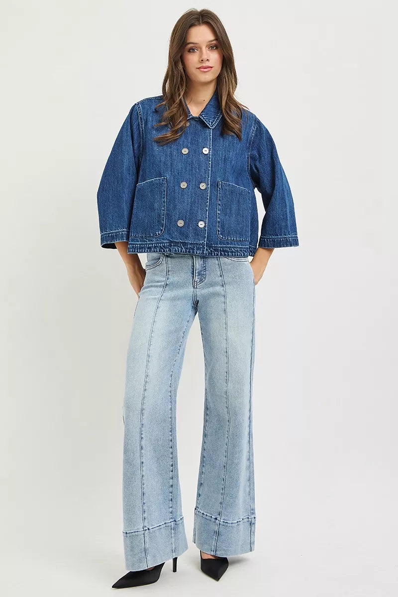 risen double breasted Risen Double-breasted Flowy Cropped Denim Jacket view 6 (layer) - shop at us.meeeshop
