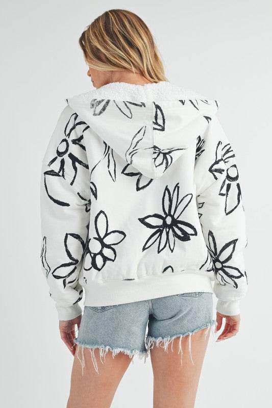 Aemi + Co Flower Print Zip Up Sherpa Hoodie - us.meeeshop