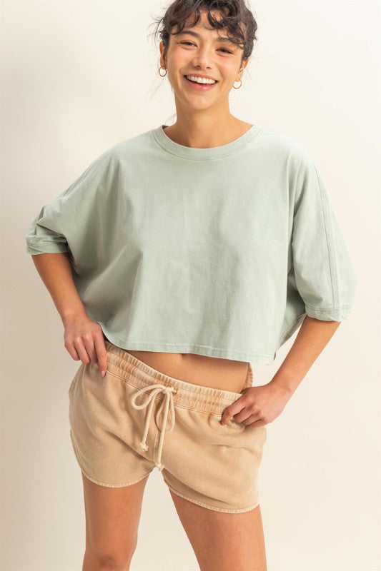 HYFVE Lightweight Round Neck Batwing Sleeve T-Shirt in Sage - us.meeeshop