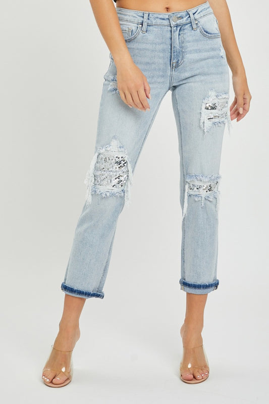 RISEN Mid-Rise Sequin Patched Jeans | us.meeeshop