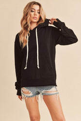 Aemi + Co Raw Hem Kangaroo Pocketed Drawstring Hoodie