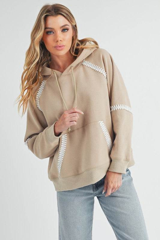 Aemi + Co Lace Detail Drawstring Hoodie with Kangaroo Pocket in Oatmeal - us.meeeshop