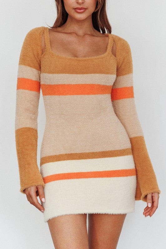 Fuzzy Knit Long Sleeved Multi Stripe Mini Dress | us.meeeshop