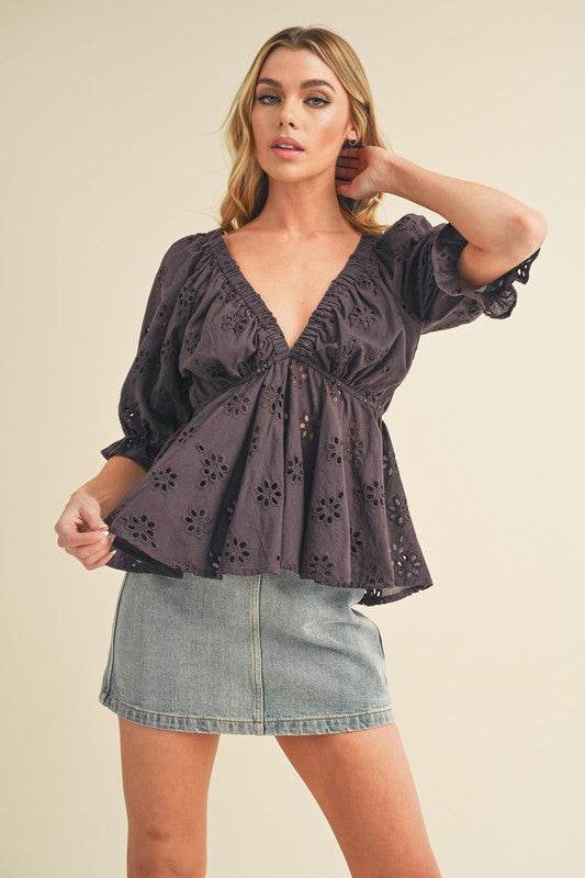 Aemi + Co Eyelet Embroidered V-Neck Half Sleeve Peplum Blouse in Plum Purple - us.meeeshop