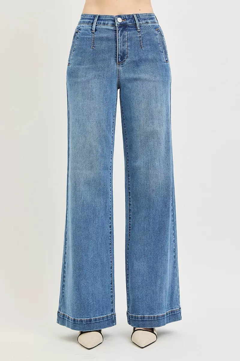 risen tummy control Risen Tummy Control Elastic Band High Rise Wide Jeans view 3 (bottom) - shop at us.meeeshop