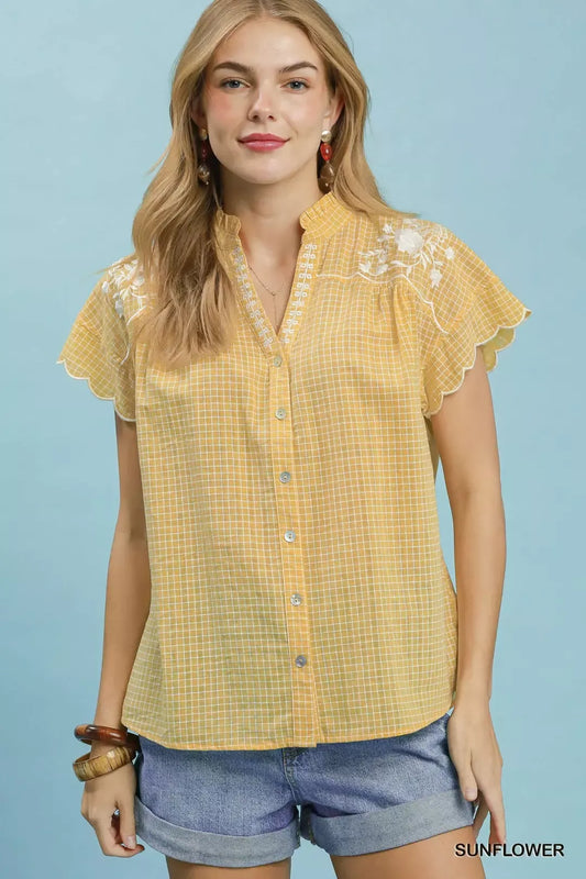 umgee embroidered print Umgee Embroidered Print Scallop Sleeve Button Front Blouse SUNFLOWER (top) - shop at us.meeeshop