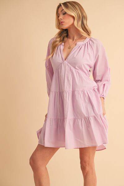 Aemi + Co Notched Balloon Sleeve Tiered Mini Dress - us.meeeshop