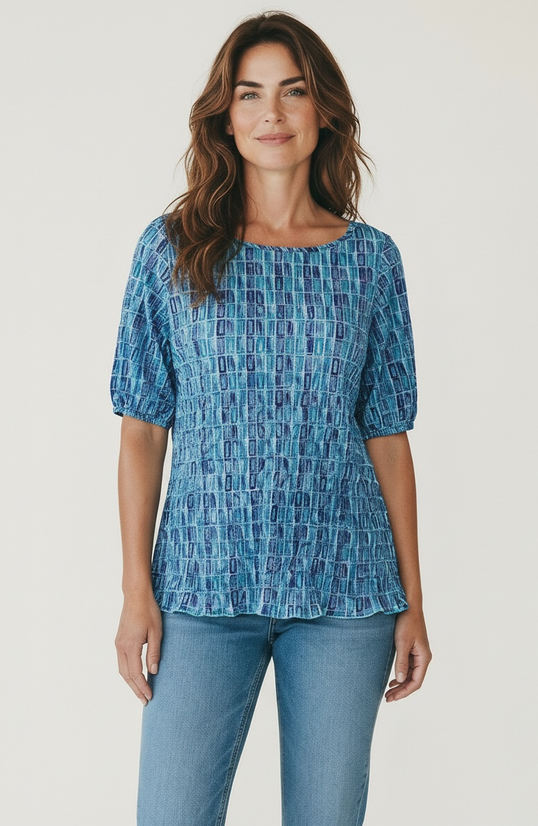 Printed Crinkle Bubble Sleeve Top