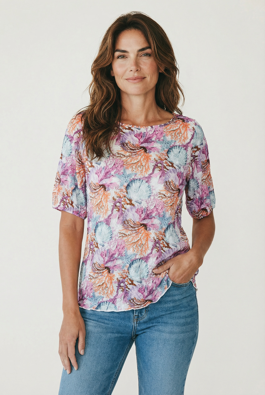 Printed Crinkle Bubble Sleeve Top