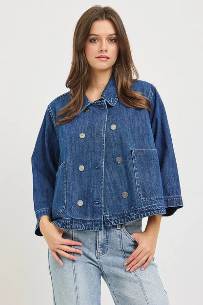 risen double breasted Risen Double-breasted Flowy Cropped Denim Jacket view 5 (layer) - shop at us.meeeshop