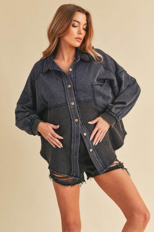 Aemi + Co Acid Washed Exposed Seam Button Up Jacket in Indigo - us.meeeshop