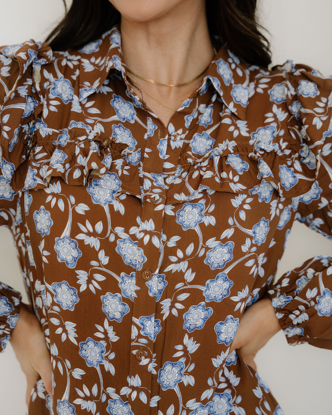 luella floral print Luella Floral Print Ruffled Detail Shirt Collar Button Down Long Sleeve Dress view 5 (dress) - shop at us