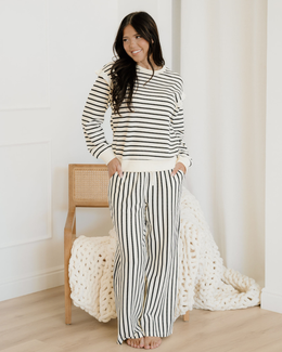 Talia Stripe Ruffle Trim Drop Shoulder Top Drawstring Loose Pant Set