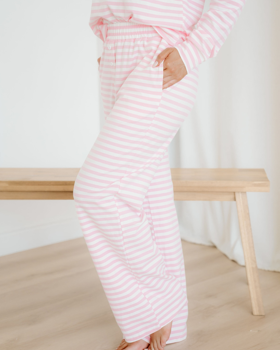 thea stripe drop Thea Stripe Drop Shoulder Round Neck Top and Buttoned Straight Pants Two Piece Set view 4 (top) - shop at us