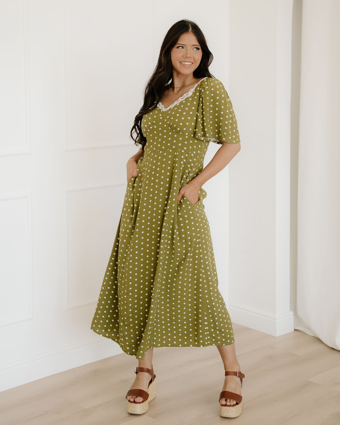 maleah polka dot Maleah Polka Dot Print Lacy Neckline Smocked High Waist Maxi Dress Green (dress) - shop at us.meeeshop