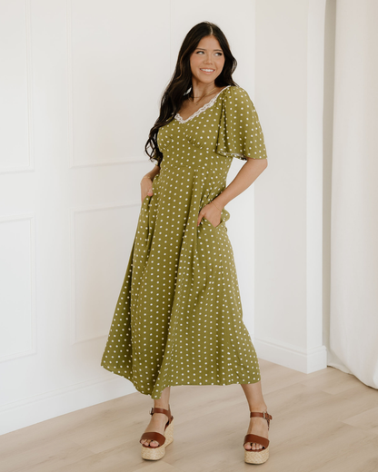 maleah polka dot Maleah Polka Dot Print Lacy Neckline Smocked High Waist Maxi Dress Green (dress) - shop at us.meeeshop