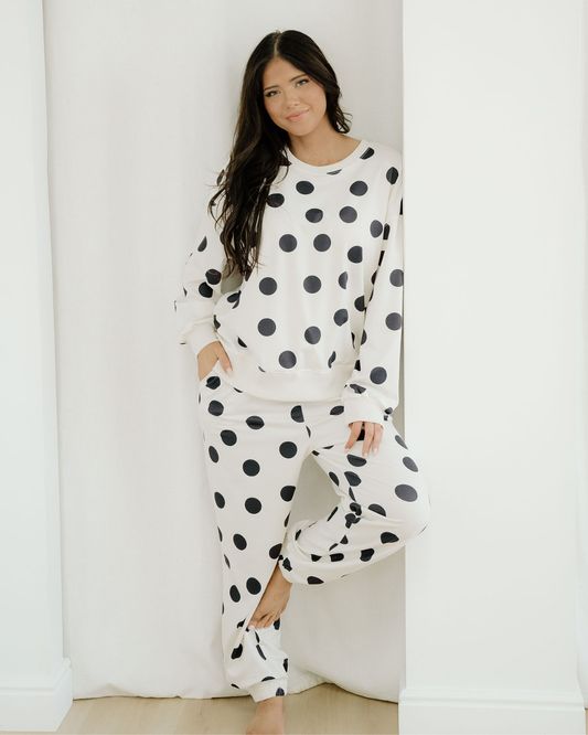 polka dot print Polka Dot Print Drop Shoulder Pullover Drawstring Jogger Pant Set - Beige Beige (bottom) - shop at us.meeesho