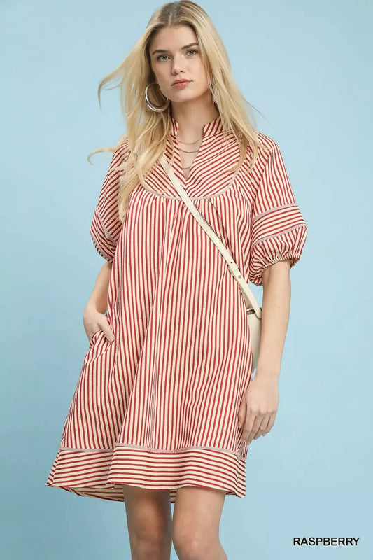 Umgee Striped Puff Sleeve Shift Dress (women's dresses) - shop at us.meeeshop