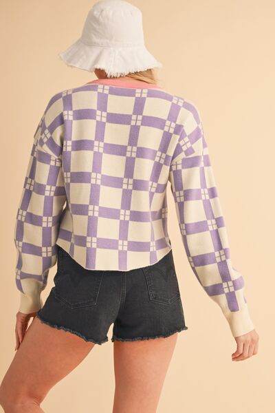 Aemi + Co Plaid Round Neck Drop Shoulder Cropped Sweater - us.meeeshop