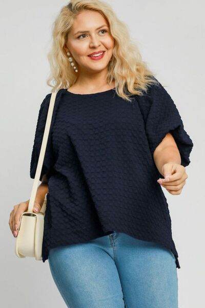 Umgee | Boxy Cut Jacquard Round Neck Top with Side Slit Plus Size - us.meeeshop