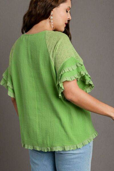 Umgee Cotton Gauze Round Neck Ruffle Eyelet Layered Sleeve Blouse Plus Size - us.meeeshop