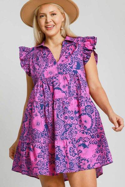 Umgee Printed Ruffle Cap Sleeve Babydoll Dress Plus Size - us.meeeshop