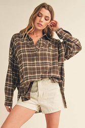 Aemi + Co Side Slit High-Low Plaid Long Sleeve Polo Shirt