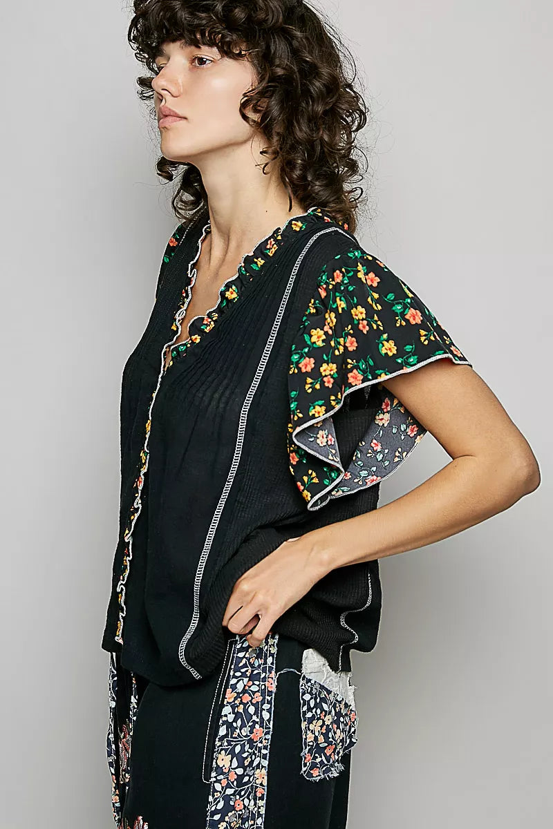 pol neck floral Pol V-neck Floral Ruffle Sleeve Blouse view 3 (top) - shop at us.meeeshop