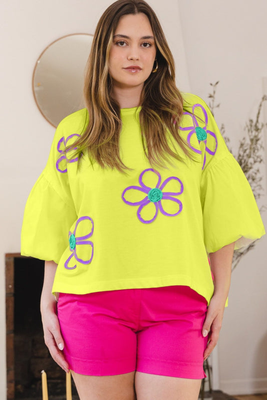 ODDI Full Size Flower Embroidery Detail T-Shirt | us.meeeshop