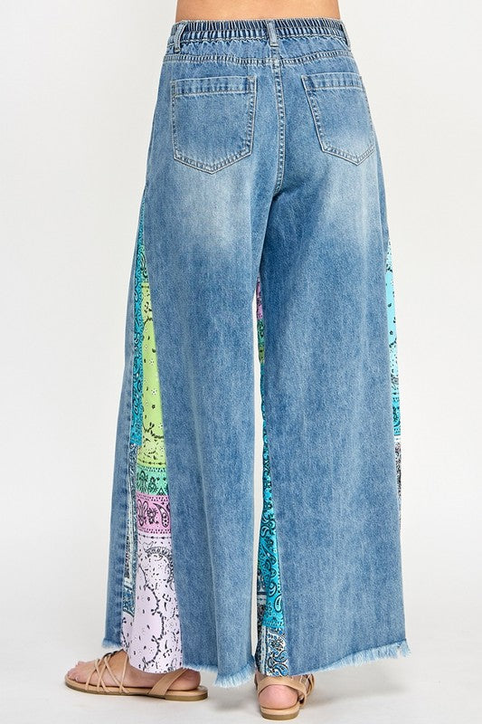 SAGE + FIG Raw Hem Paisley Print Side Wide Leg Jeans - us.meeeshop