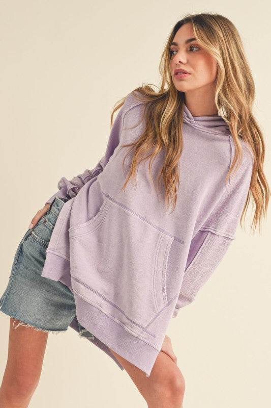 Aemi + Co Exposed Seam Side Slit Hoodie with Kangaroo Pocket in Lilac - us.meeeshop