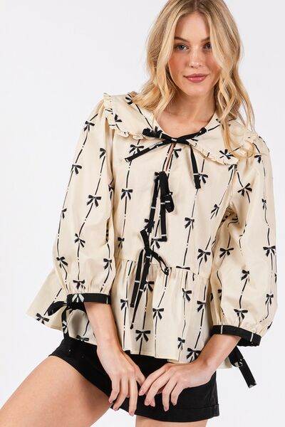 SAGE + FIG Bow Print Tie Front Babydoll Blouse - us.meeeshop