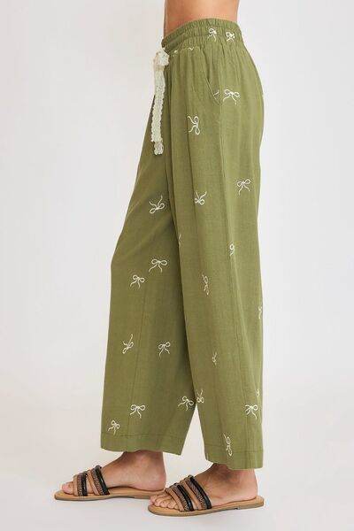 Umgee Lace Drawstring Embroidered Bow Wide Leg Pants Plus Size - us.meeeshop