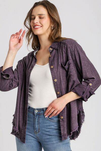 Umgee High Low Raw Hem Mineral Wash Button Down Shirt Plus Size - us.meeeshop