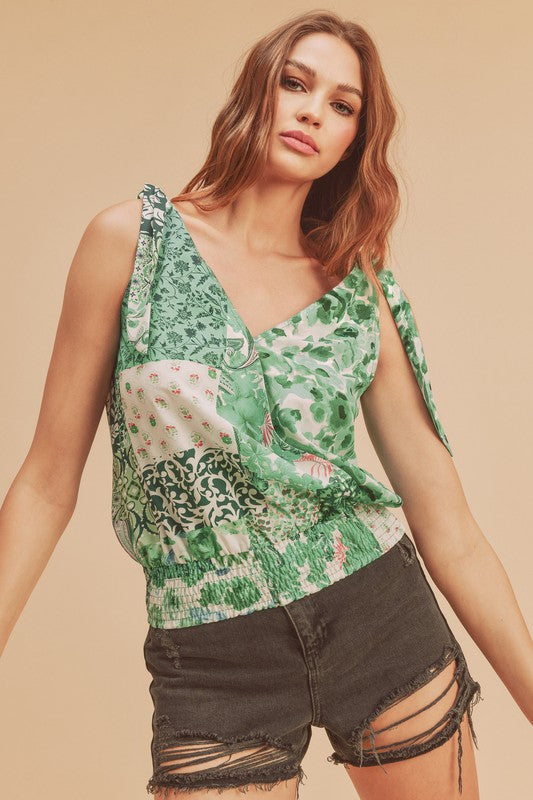 Aemi + Co Smocked Hem Printed Surplice Tank in Green - us.meeeshop