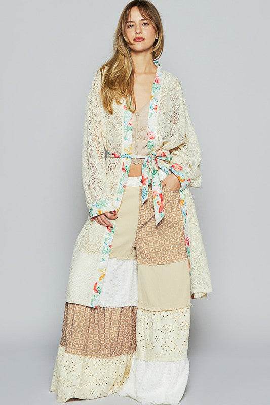 POL Floral Trim Lace Open Front Longline Cardigan in NATURAL - us.meeeshop