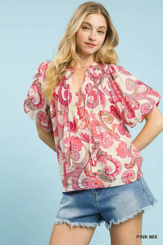 Umgee Mix Paisley Print Peasant Top with Tie Neck (women's shirts & tops) - shop at us.meeeshop