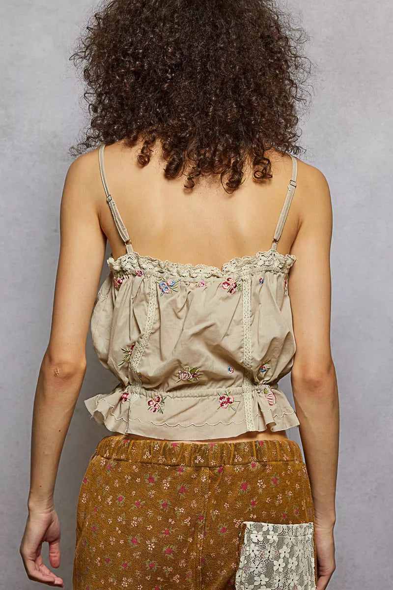 pol button down Pol Button Down Floral Embroidered Cropped Cami with Lace Detail view 4 (top) - shop at us.meeeshop