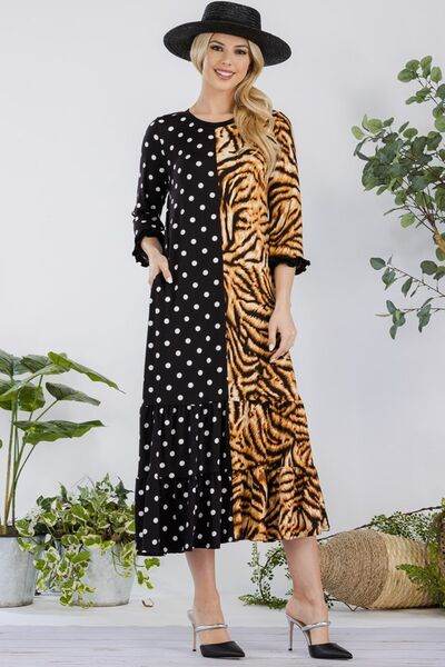 Celeste Polka Dot & Leopard Round Neck Midi Dress Plus Size - us.meeeshop