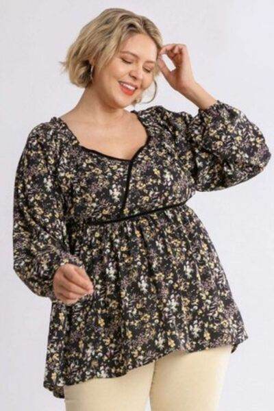 Umgee | Floral Print Velvet Trimmed Balloon Sleeve Top Plus Size - us.meeeshop