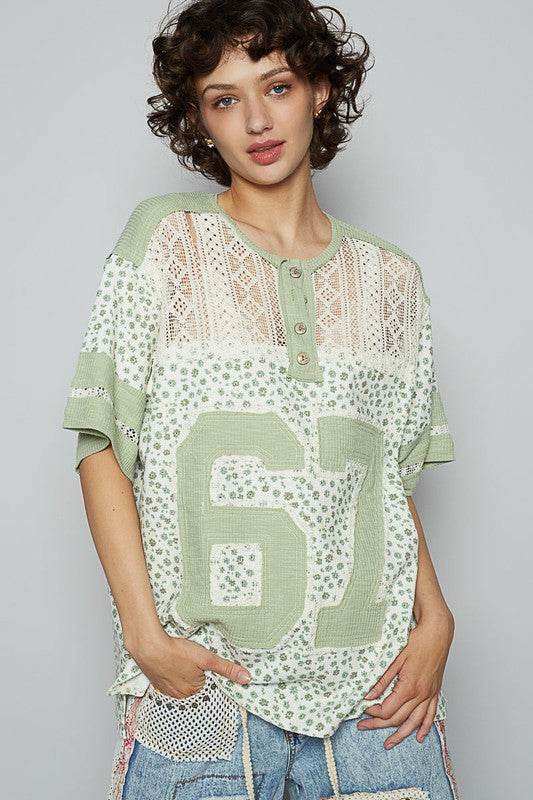 POL Number Floral Crochet Button Detail Half Sleeve Top - us.meeeshop