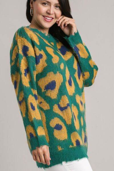 Umgee Leopard Destroyed Rib Band Sweater Plus Size - us.meeeshop