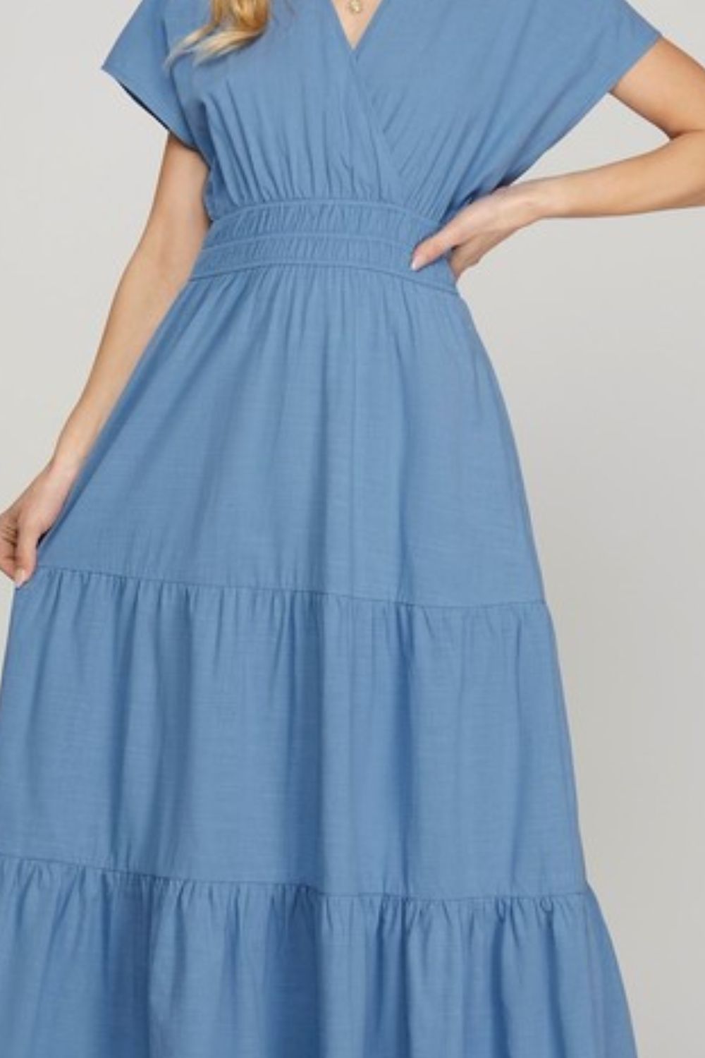 She + Sky Surplice Short Sleeve Tiered Maxi Dress With Pockets - us.meeeshop