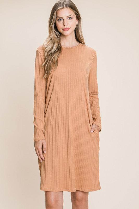 BOMBOM Round Neck Long Sleeve Ribbed Knit Dress - us.meeeshop