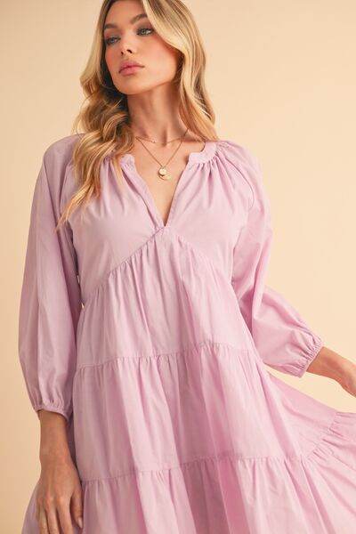 Aemi + Co Notched Balloon Sleeve Tiered Mini Dress - us.meeeshop