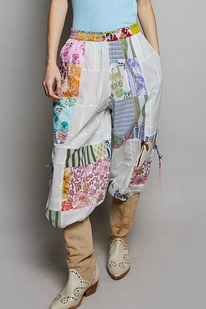 pol printed patchwork Pol Printed Patchwork Wide Leg Pants with Adjustable Side Drawstring view 2 (bottom) - shop at us.meees