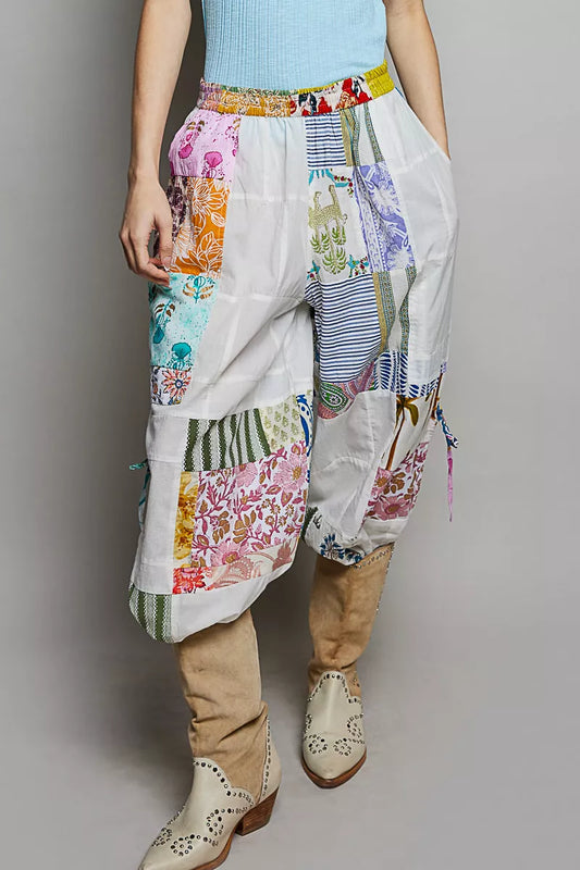 pol printed patchwork Pol Printed Patchwork Wide Leg Pants with Adjustable Side Drawstring view 2 (bottom) - shop at us.meees